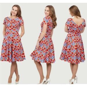Retro Style Circle Skirt Dress Strawberry Blueberry Print Size 1X Vintage Pin Up